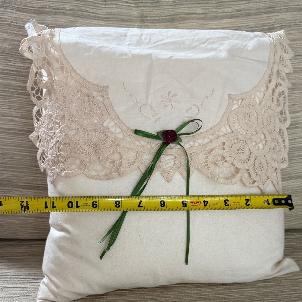 Lace Accent Pillow with Green Ribbon handmade charming cottage country decor - Picture 7 of 7